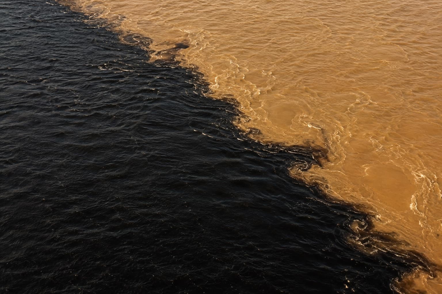 Vista aérea do encontro das águas: o Rio Negro escuro e o Solimões barrento correndo lado a lado sem se misturar.